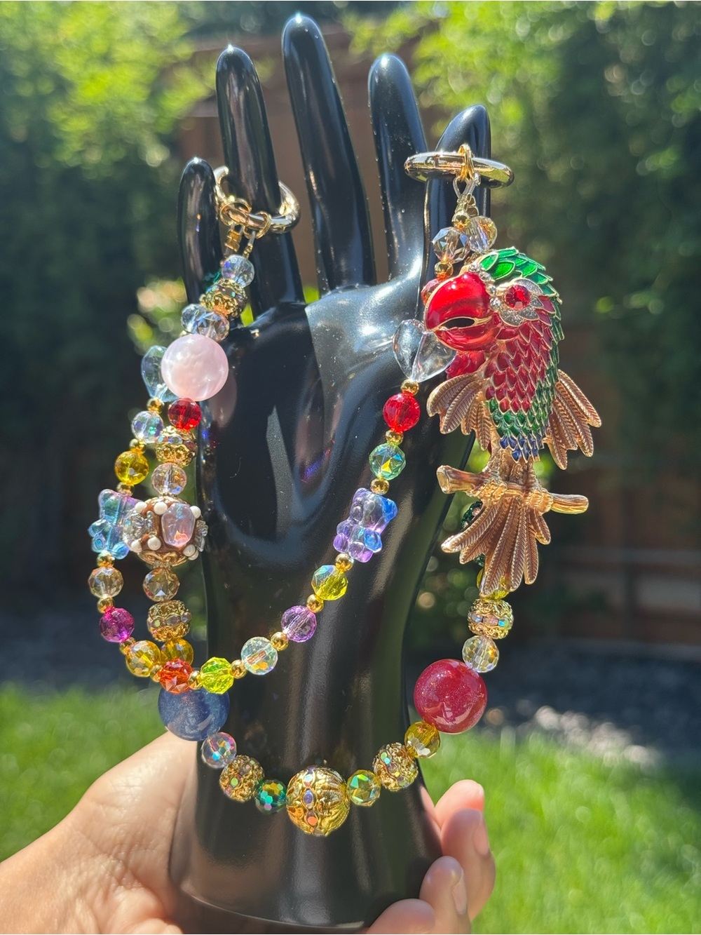 Multicolor Beaded Parrot Bag Charm Chain | Luxe Accessory | bird lover tropical - Picture 6 of 9
